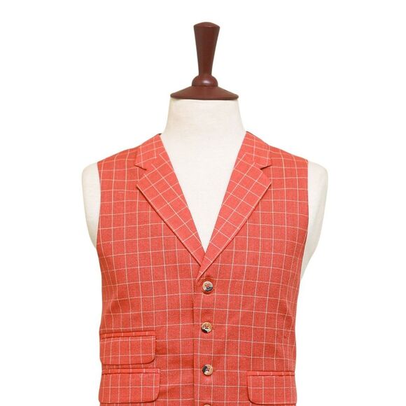 Mens Vest 44R Orange Beige Check Waistcoat XL Formal Wedding Prom Party Groom - Picture 4 of 9